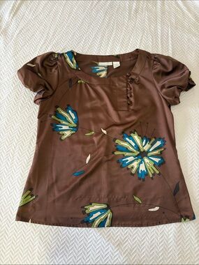 Women's Brown Floral Satin Short-Sleeve Top